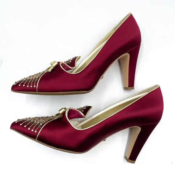 Sarah Flint Perfect Madeleine 85 Pumps Red Pointed Gold Bow Beaded Sz 41 / 10 US - Picture 8 of 11
